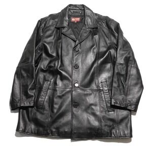 Men's Wilson Black Leather Jacket Size XL Button Front Long Heavy Duty Solid